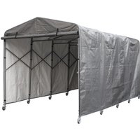 Sealey foldable garage extension car cover, gray fabric with metal frame, wheeled base, and peaked roof.