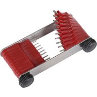 Folding carburettor jet cleaning tool with red handles, metal rods, and black adjustment knobs.