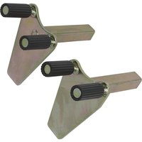 Fork cradle supports for front paddock stands, metallic finish with black rubber grips, triangular shape.