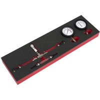 Sealey Fuel Pressure Gauge Set with dual gauges, red hoses, and connectors in a black and red foam case.