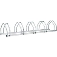 Silver Sealey galvanised steel cycle rack for 5 bikes with arched holders and a sturdy rectangular base.