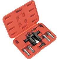 Sealey hub clamp spreader tool in red case with multiple attachments, black metal body, designed for ball joint/strut work.