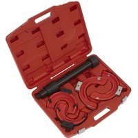 Red Sealey coil spring compressor kit with black components in a molded carrying case.