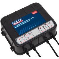 Black Sealey quad bank charger with four charging ports, LED indicators, and a blue label on top.
