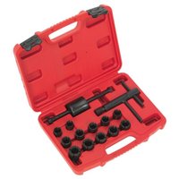 Red Sealey motorcycle brake piston removal kit with 14 black components in a molded carrying case.