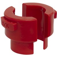 Red Sealey motorcycle fork seal driver sleeve with semi-circular design and size markings.