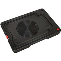 Black Sealey oil drainer, low profile, 30ltr capacity, rectangular with circular center and red caps.