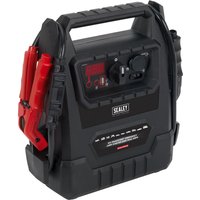Black Sealey Roadstart jump starter with digital display, red clamps, and sturdy handle.