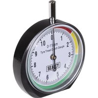 Black Sealey pocket tyre tread depth dial gauge with white face, colored measurement zones, and metal probe.