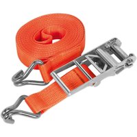 Orange Sealey ratchet tie down strap with metal hooks and ratchet mechanism.