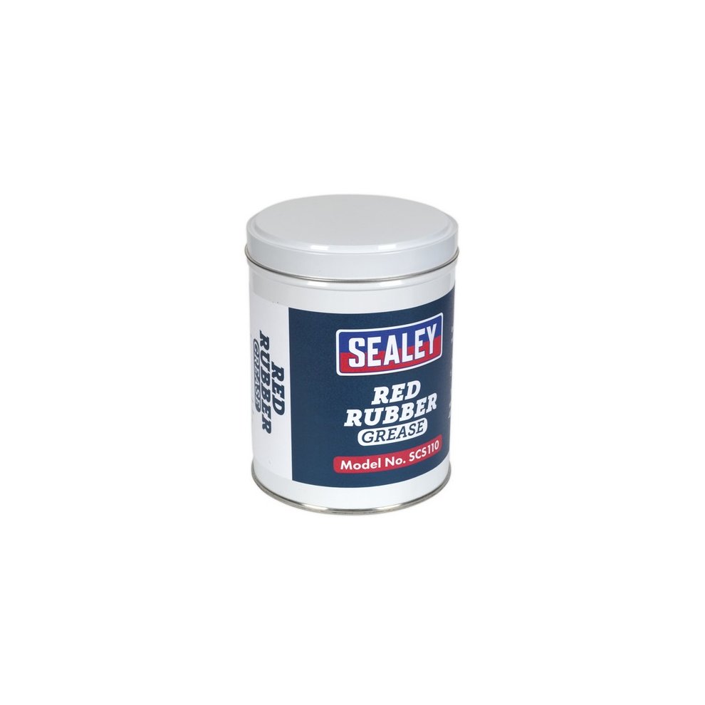 Red tin container of Sealey SCS110 Rubber Grease, featuring a white lid, bold blue and red label with product name and model number, holding 500g of grease.