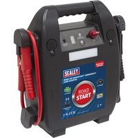 Black Sealey RS102B jump starter with handle, red and black clamps, and control panel with buttons and indicators.