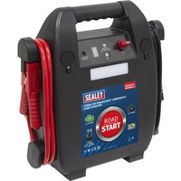 Black Sealey RS103B jump starter with red cables, LED indicators, and a sturdy handle.