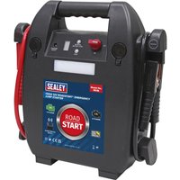 Black Sealey RS1B Roadstart jump starter with handle, red and black cables, and control panel with buttons and indicators.