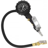 Black Sealey tyre inflator with pressure gauge, clip-on connector, and flexible hose.