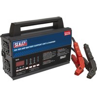 Sealey Schumacher BSCU170 Battery Support Unit, black with blue panel, handle, and red and black clamps.
