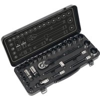 Black Sealey socket set with 28 pieces, 1/2" drive, 6-point WallDrive sockets in a sturdy black case.