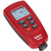 Red Sealey TA090 paint thickness gauge with LCD screen, black buttons, and measurement sensor.