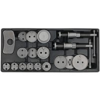 Sealey TBT27 kit with 18 brake wind-back tools in a black tray, featuring various discs and two threaded handles.