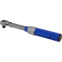 Sealey torque wrench with blue handle, silver micrometer scale, and 3/8 inch square drive, 5-25Nm range.
