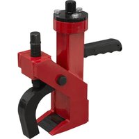 Red and black Sealey Tyre Bead Breaker with a sturdy handle and adjustable clamp for steel wheels.