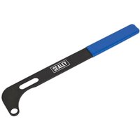 Black Sealey Universal Hub Holding Wrench with a curved end and blue rubber handle.