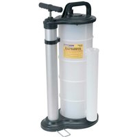 Manual Sealey vacuum oil extractor, 9-liter capacity, white cylindrical body, black handle, and pump mechanism.