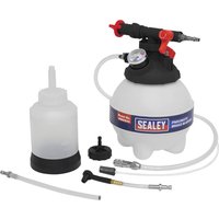 Sealey VS0215 Pneumatic Brake Bleeder with white tank, pressure gauge, hoses, and black and red fittings.