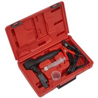 Red Sealey VS0275 Boil Test Brake Fluid Tester in a red case with syringe, cables, and measuring cup.