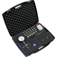 Black Sealey diesel pump test kit in foam-lined case with pressure gauge, connectors, and clear bottle.