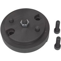 Black circular Sealey crankshaft sensor installer with three protruding pins and two separate bolts.