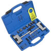 Blue Sealey timing chain tool kit with various metal tools in a molded case for Mercedes engines.
