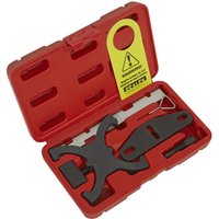 Red Sealey timing tool kit with various black metal tools for Ford engines in a molded plastic case.