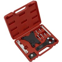 Red Sealey engine timing tool kit with various metal tools in a molded case for Alfa Romeo, Fiat, Ford, Lancia.
