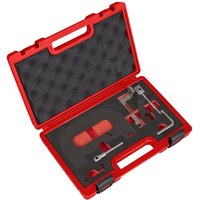 Red Sealey engine timing tool kit in a molded case with foam insert and various metal tools for Renault, Nissan, GM, Dacia.