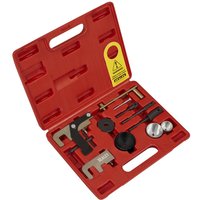 Red Sealey diesel engine timing tool kit with various metal tools in a molded case.