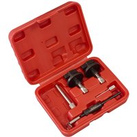Red Sealey diesel engine timing tool kit with various metal tools in a molded case.