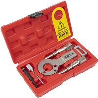 Red Sealey diesel engine timing tool kit with metal components in a molded case.