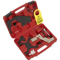 Red Sealey timing tool kit with various black and silver components in a molded case.