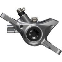 Silver Shimano BR-M9200 XTR 2 pot disc brake caliper with sleek design and mounting holes.
