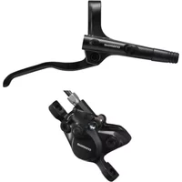 "Black Shimano brake lever and post mount caliper with sleek design and visible Shimano branding"