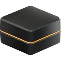 Black Simucube Link Hub with sleek square design, orange accent line, and rounded edges.