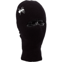 Black ribbed ski mask with eye and mouth openings, featuring a white spider embroidery on the forehead.