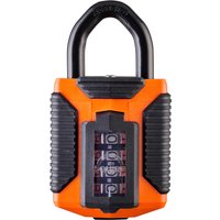 Orange and black Squire 4 wheel combination padlock, 50mm, with weather-resistant casing and robust shackle.