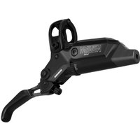 Silver SRAM disc brake with black aluminum lever and mounting bracket, sleek and compact design.
