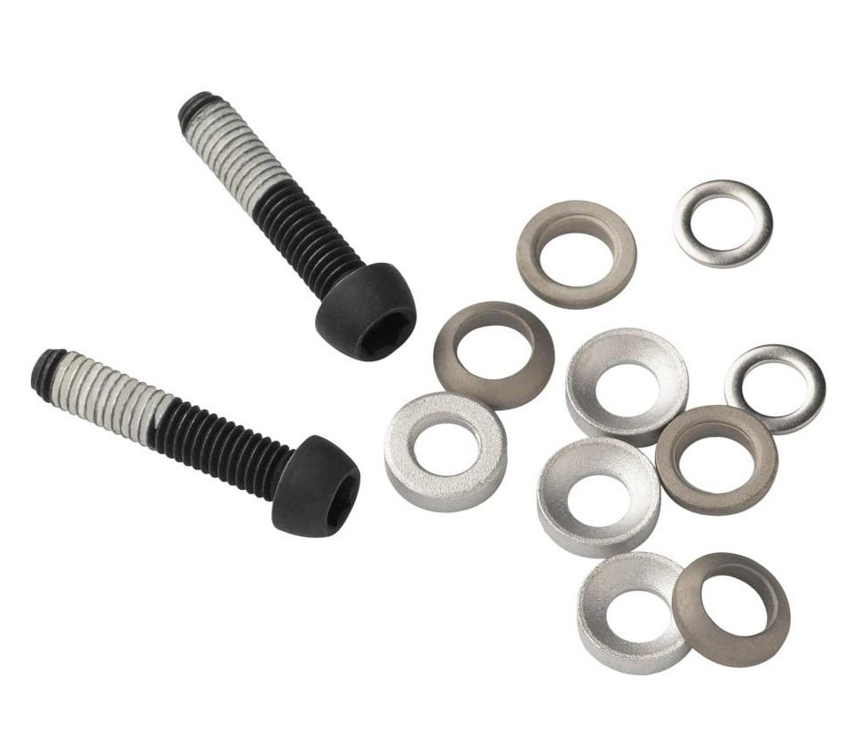SRAM Flat Mount Adapter for 160mm rotor, includes two black bolts and multiple silver washers.