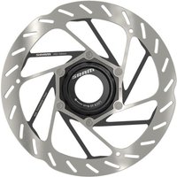 Silver SRAM HS2 Centre Lock Rotor, 160mm, with black hub and intricate cut-out pattern.