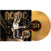 "Gold vinyl record with 'Stiff Upper Lip 50th Anniversary' logo, black cover featuring a statue holding a guitar."