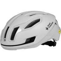 White Sweet Protection Falconer 2Vi Mips helmet with aerodynamic vents and black adjustable chin strap.