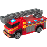 Red Teamsterz fire engine toy with extendable gray ladder, flashing blue lights, and number 62 on the side.